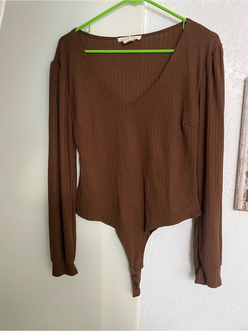 Birch And Stone Ribbed V-Neck Brown Long-Sleeve Bodysuit Women’s Medium